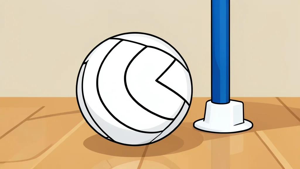 A white volleyball resting on a polished wooden gymnasium floor near a net post
