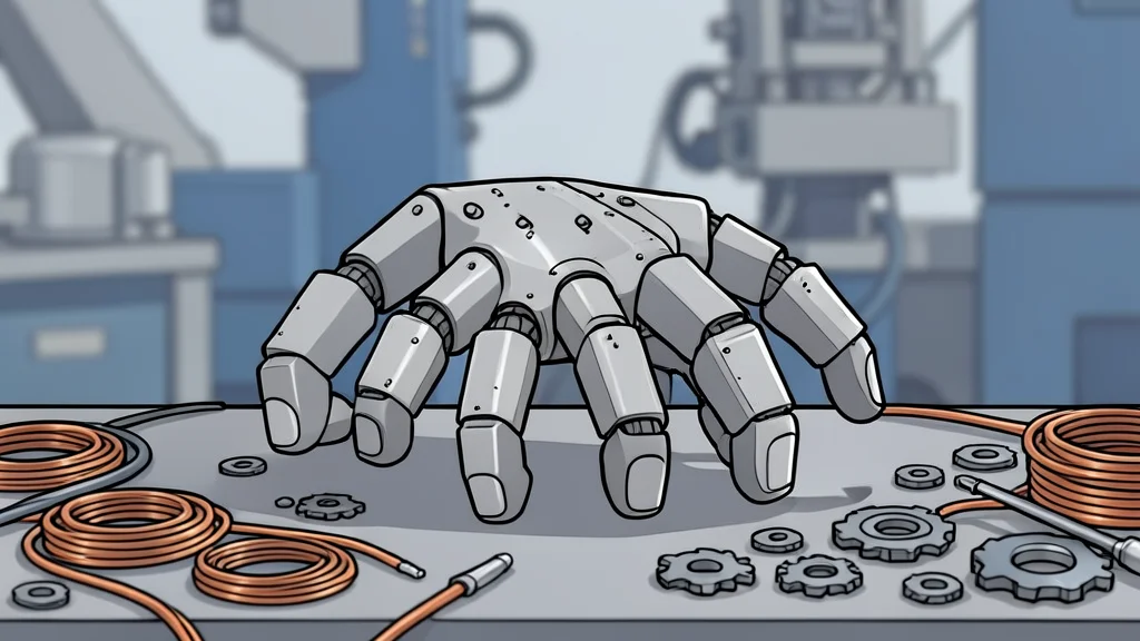 A sleek, metallic robotic arm with articulated joints resting on a clean industrial workbench