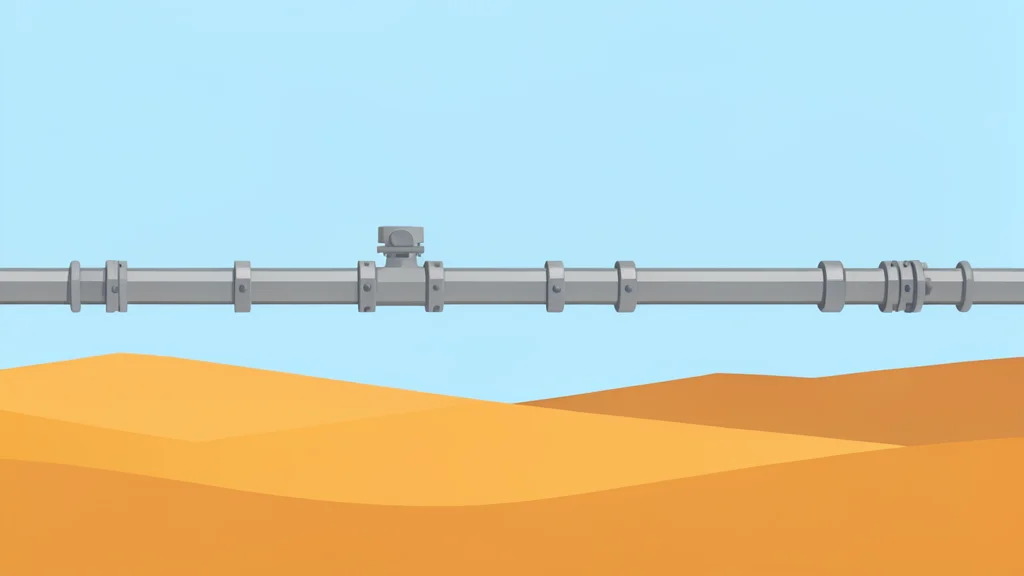 A long, metallic pipeline stretching across a desert landscape