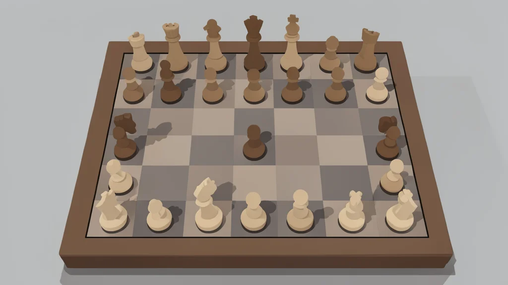 A wooden chessboard with pieces arranged in a complex, non-standard configuration
