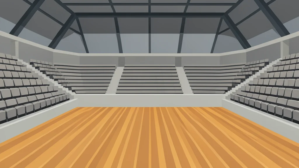 A large indoor sports arena with a polished wooden floor and empty spectator seating
