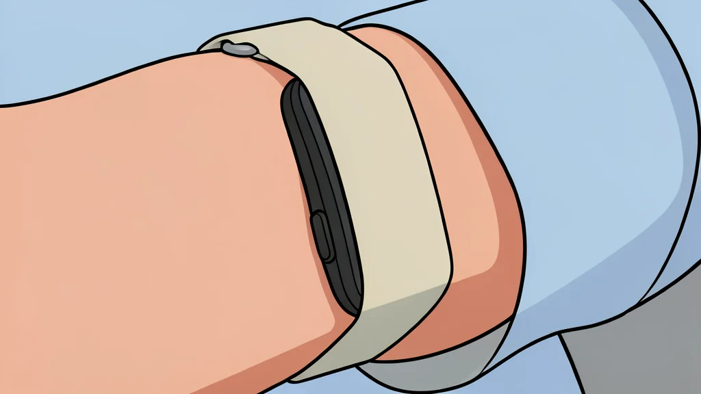 A sleek, screenless fitness band resting on a wooden surface next to a pair of running shoes