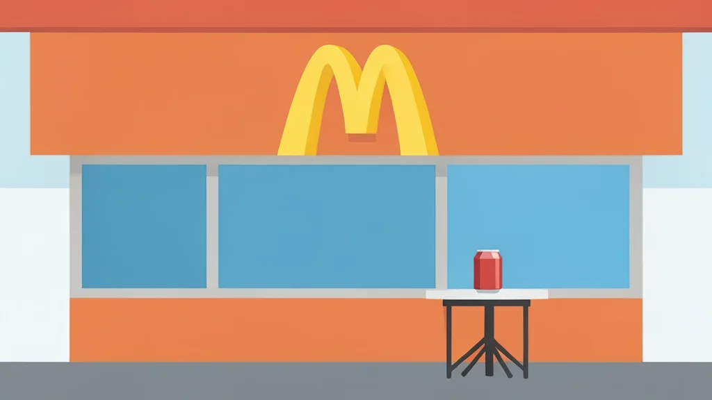 A flat-vector illustration of a fast-food restaurant exterior with a golden arches symbol and a soda can on a table