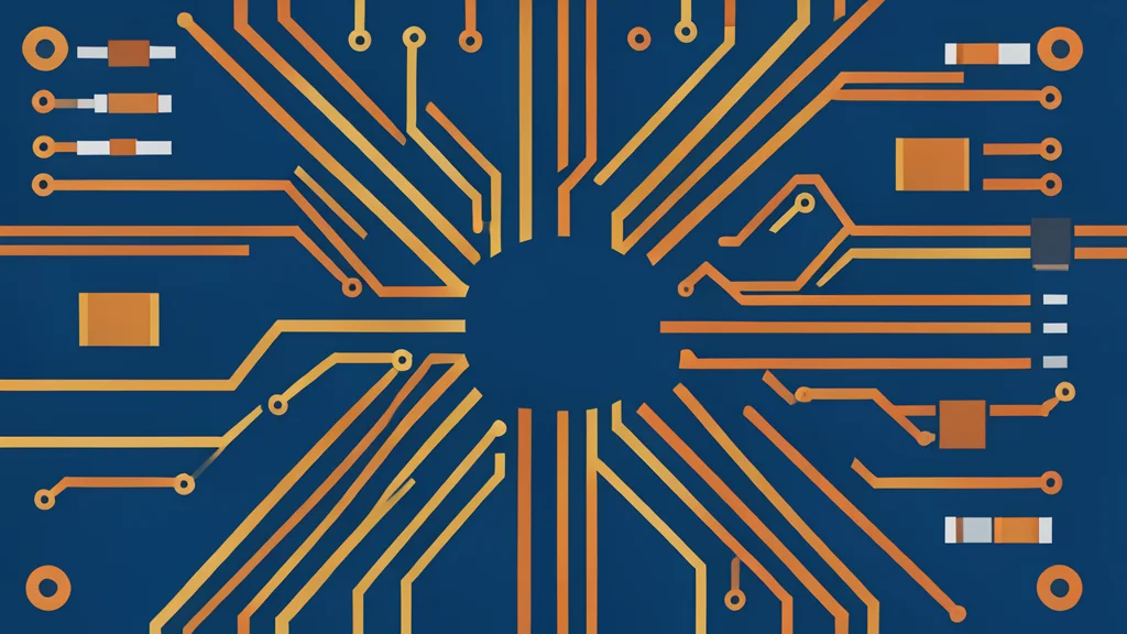 A detailed flat-vector illustration of a complex circuit board featuring intricate copper pathways and small electronic components.