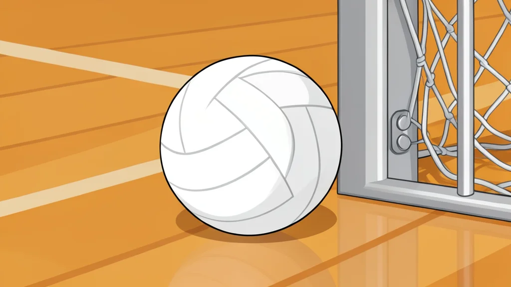 A white volleyball resting on a polished wooden gymnasium floor near a net post.