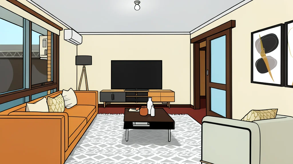 A modern two-bedroom apartment interior with floor-to-ceiling windows and a view of a city street