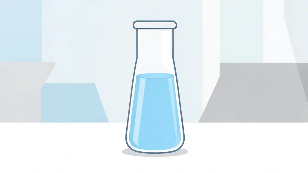 A glass vial containing a clear liquid standing on a white laboratory bench
