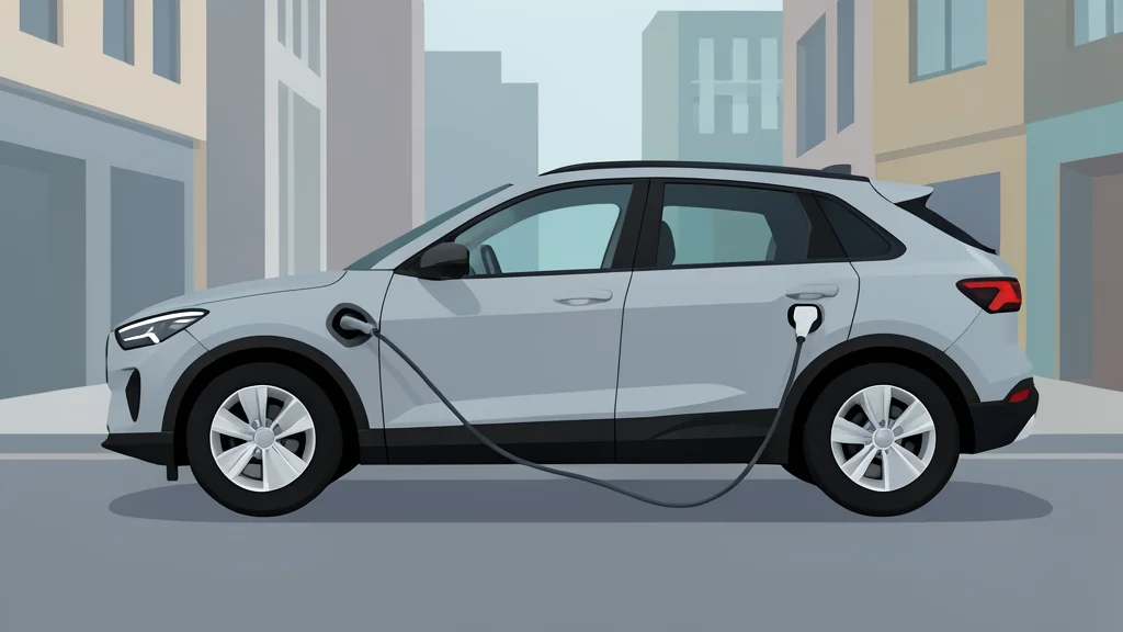 A sleek electric SUV parked on a city street with a charging cable connected to its side port