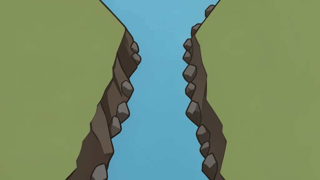 A narrow, rocky strait connecting two large landmasses with calm water flowing through the center