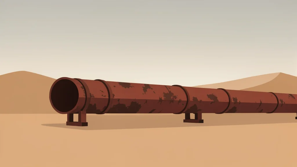 A long, rusted steel pipeline stretching across a dry, arid desert landscape under a hazy sky