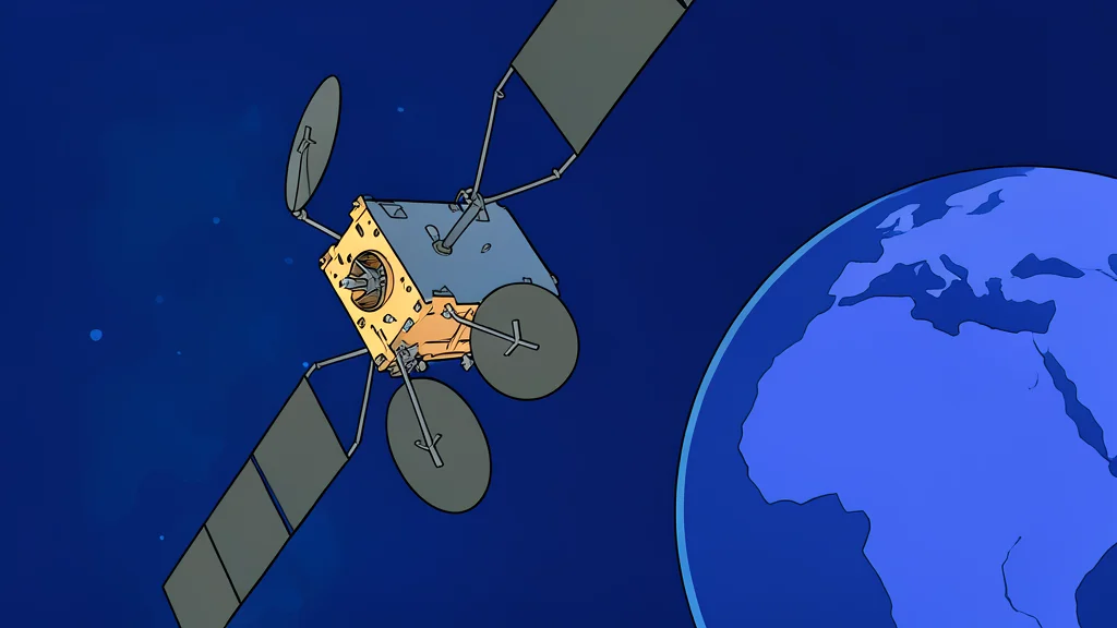 A large white parabolic satellite dish antenna mounted on a sturdy metal base, pointing towards the sky