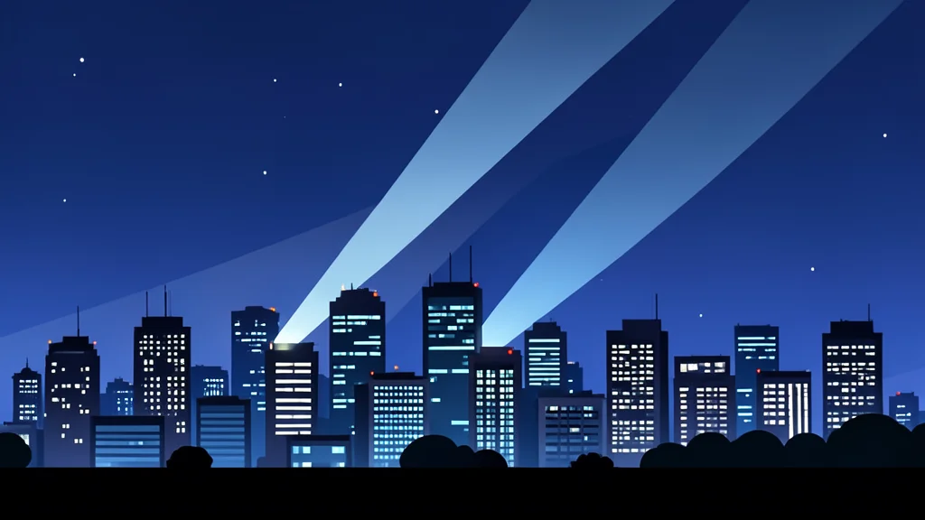 A modern city skyline at night with searchlights sweeping across the sky