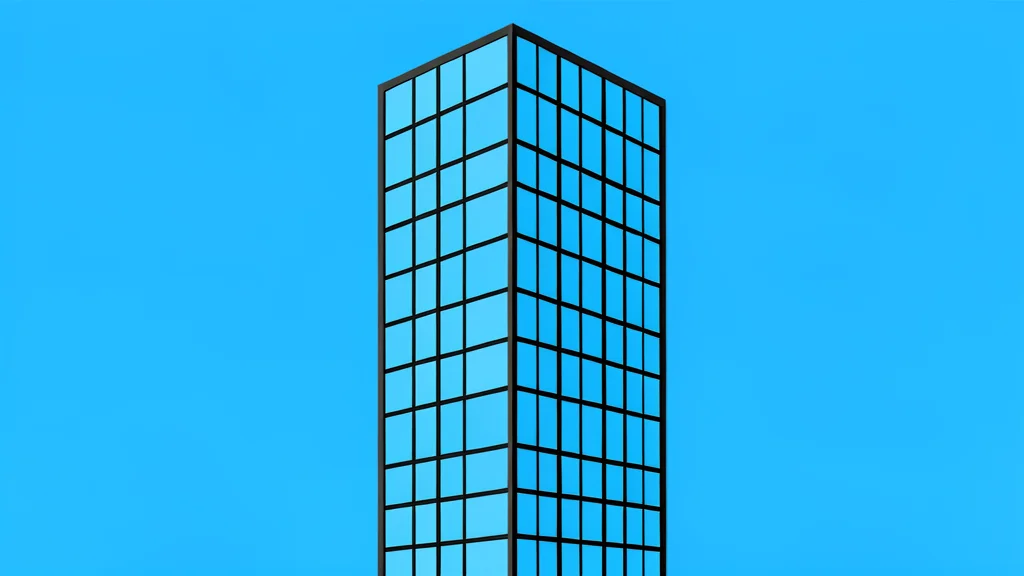 A modern glass skyscraper with a grid of reflective windows standing against a clear sky.