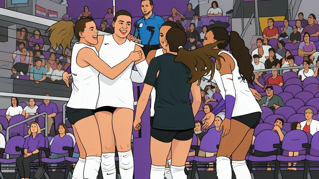 A white volleyball resting on a polished wooden gymnasium floor near a net post.