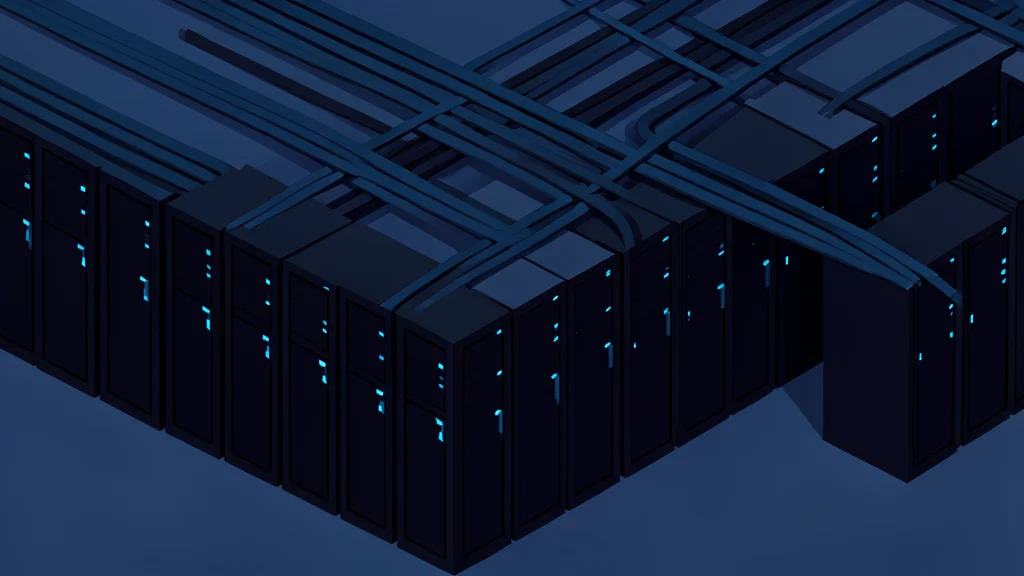 A vast, dimly lit server room with rows of tall, black rectangular cabinets featuring glowing blue status lights, connected by thick bundles of fiber optic cables running along the ceiling.