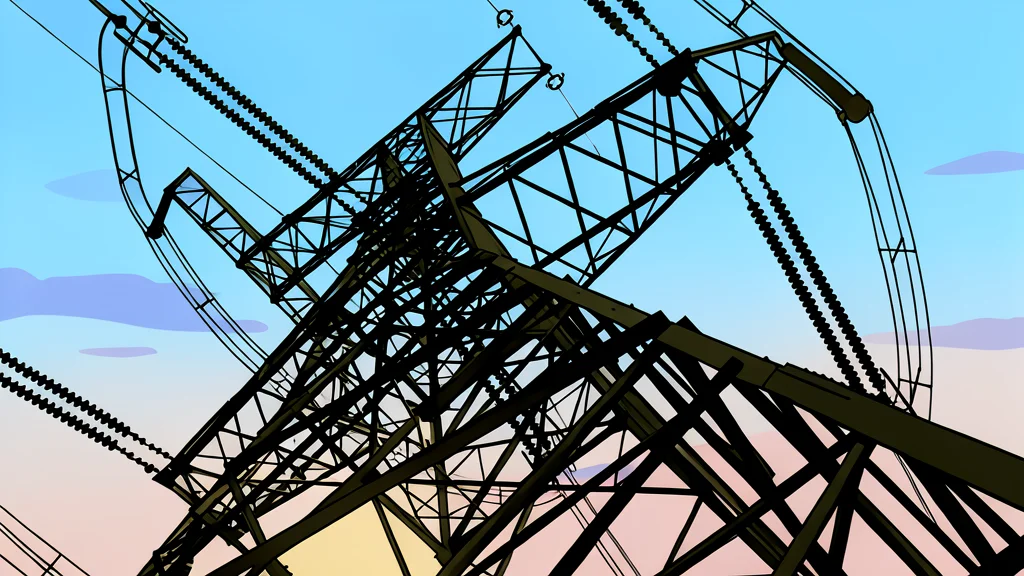 A high-voltage electricity pylon on a grassy hill overlooking a blue ocean
