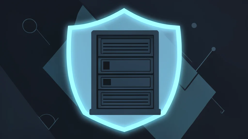 A stylized glowing shield surrounding a server rack in a digital space