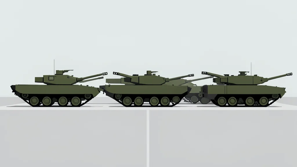 A row of modern military tanks parked on a paved parade ground
