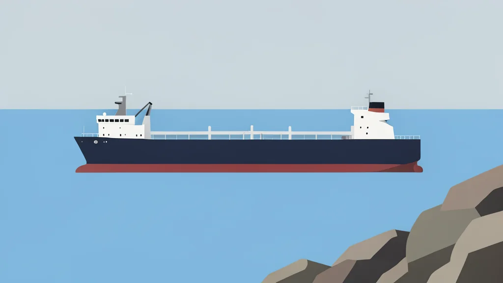 A large oil tanker ship floating on calm blue water near a rocky coastline