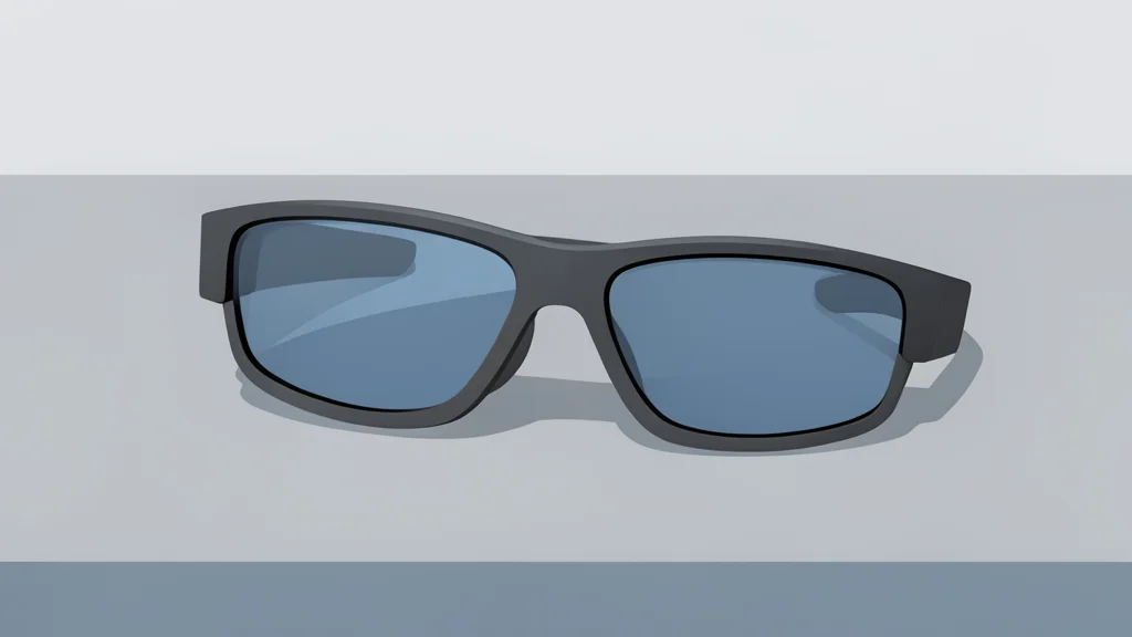 A pair of sleek, modern smart glasses resting on a clean, industrial workbench surface