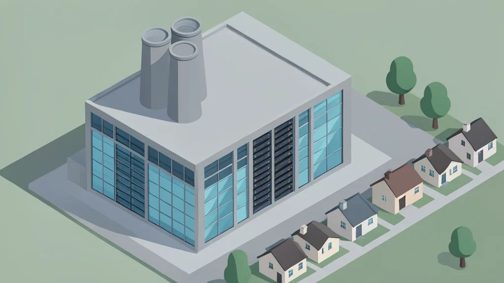 A flat-vector illustration of a large industrial data center with cooling towers situated directly next to a row of residential houses.