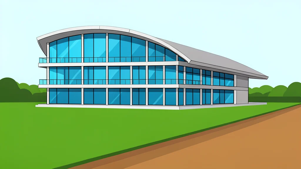 A modern, multi-story grandstand with large glass windows and a curved roof sits next to a manicured green lawn and dirt track.