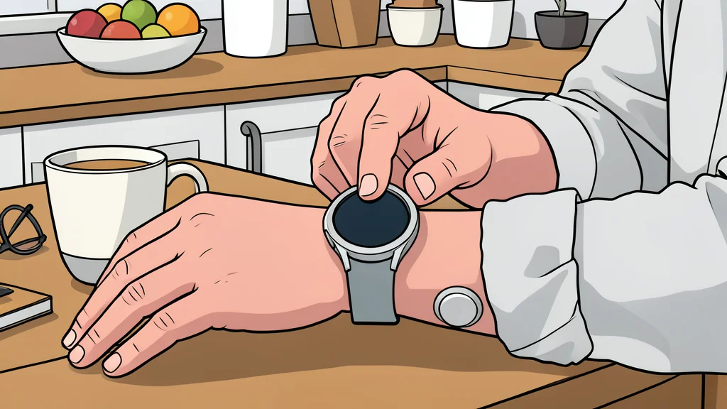 A sleek smartwatch resting on a wooden surface with a soft, out-of-focus domestic background.