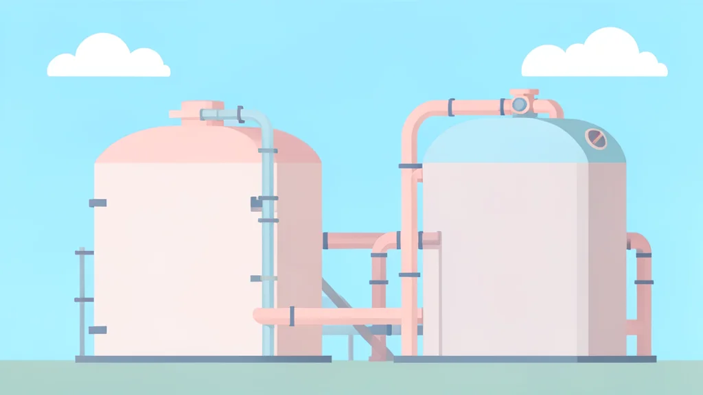 A cluster of industrial gas storage tanks and pipelines under a clear sky