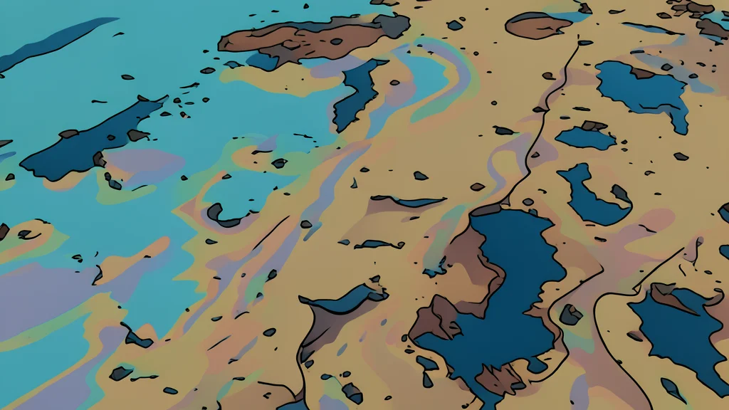 A dark, iridescent oil slick floating on the surface of a calm blue sea near a rocky coastline