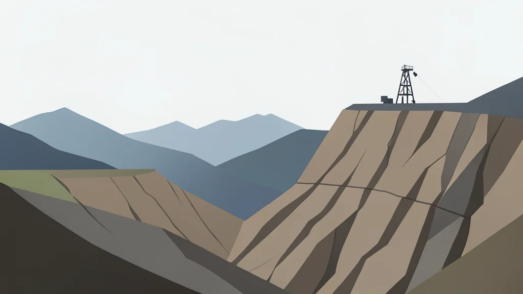 A rugged mountain landscape with exposed rock strata and a distant drilling rig structure