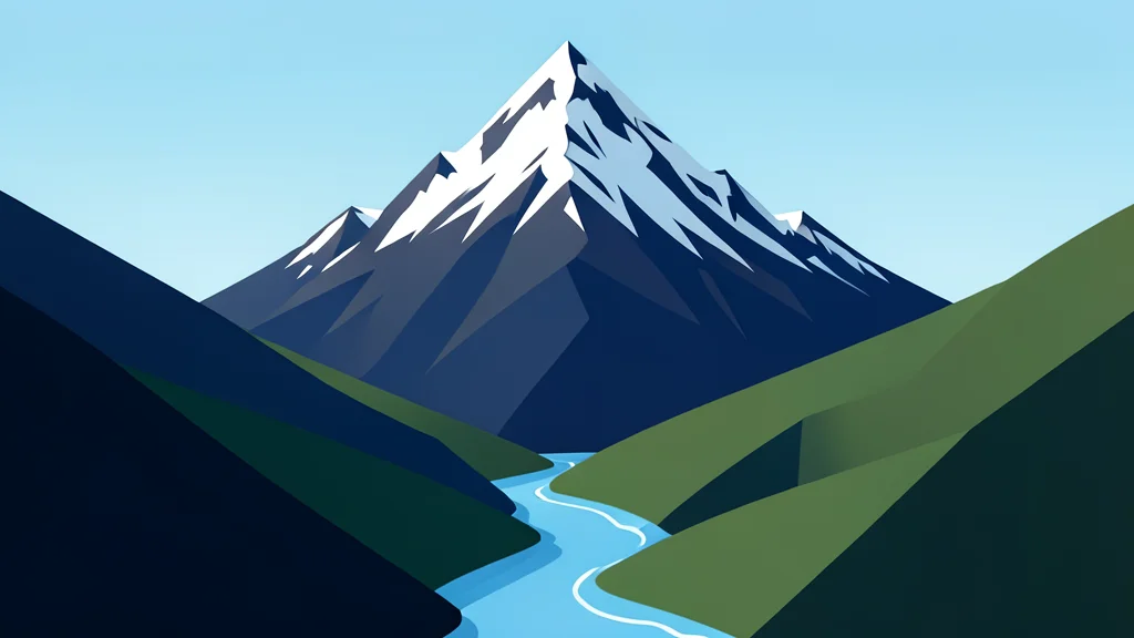 A steep, snow-capped mountain peak with a river flowing through a narrow valley below