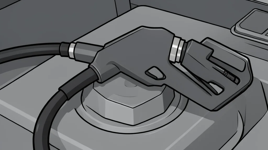 A yellow diesel fuel pump nozzle resting on a concrete surface next to a heavy-duty truck tire