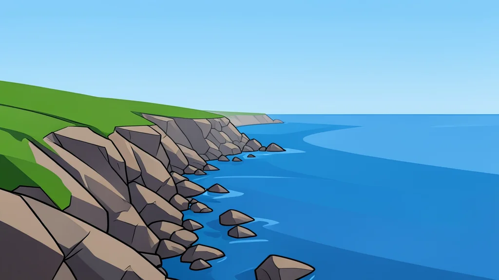A rocky coastline meeting the sea with a narrow strait in the distance