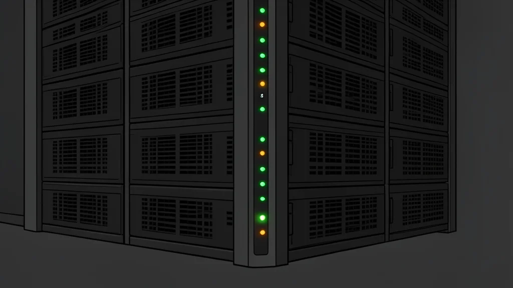 A server room with rows of black computer towers and blinking indicator lights