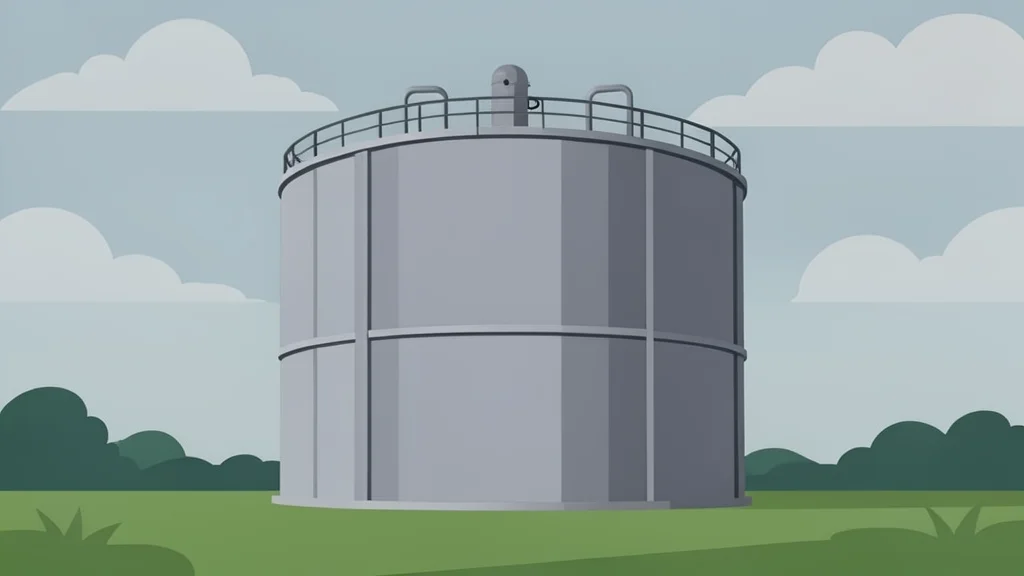 A large industrial gas storage tank standing in a field under a cloudy sky