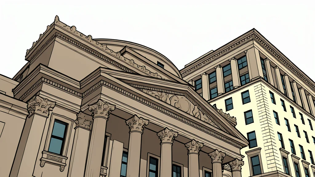 A flat vector illustration of a traditional brick bank facade featuring a large arched entrance and a single tall column.