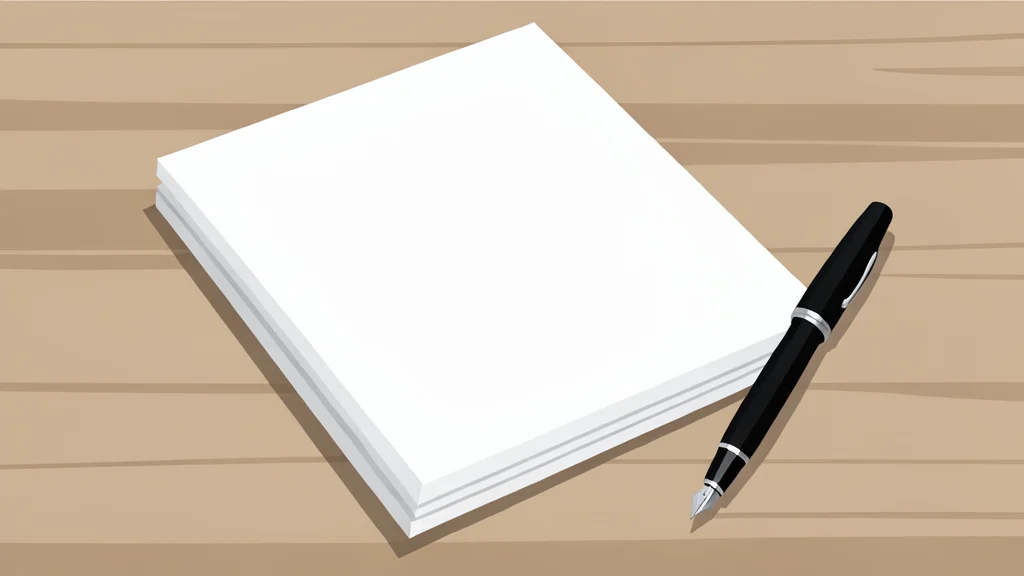 A stack of white paper documents resting on a wooden desk next to a fountain pen