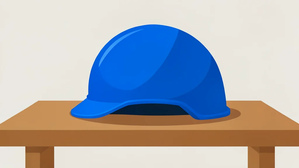 A blue helmet resting on a wooden table