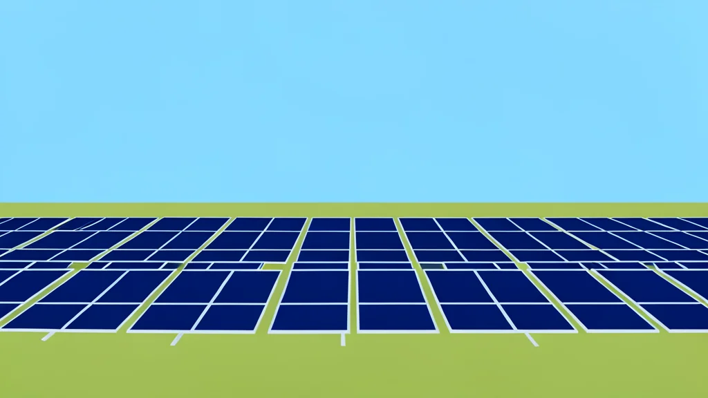 A field of large, dark blue solar panels arranged in rows under a clear sky