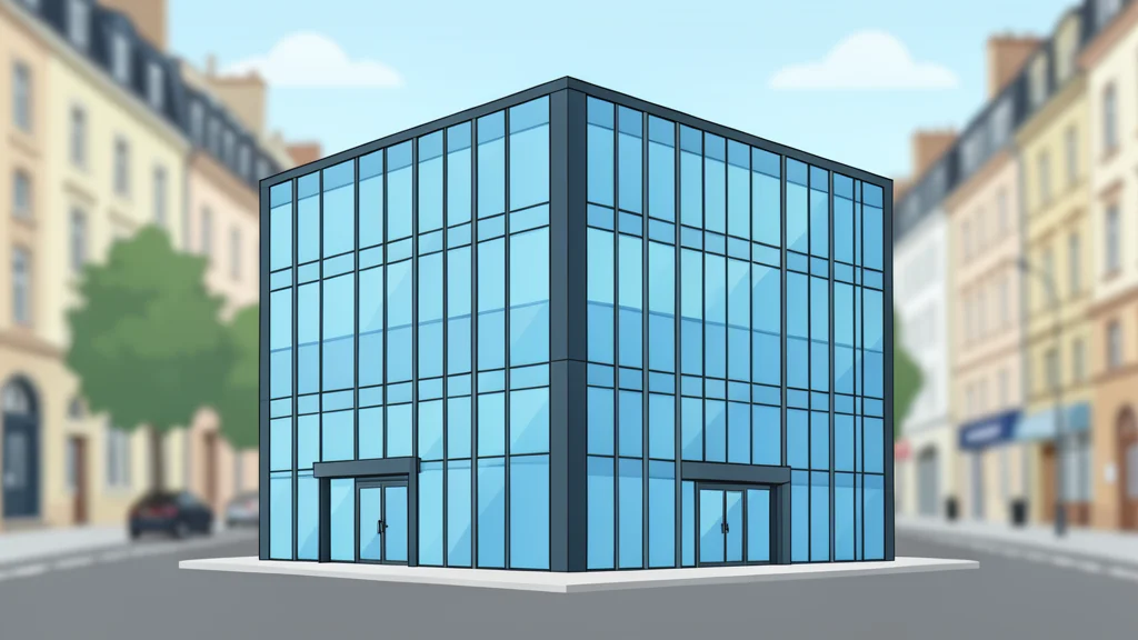 A modern glass office building in a European city with a blurred background of a city street