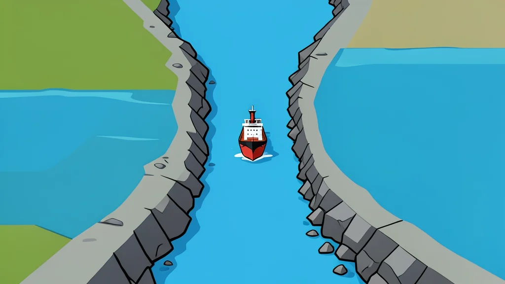 A narrow, rocky strait connecting two large bodies of water with a single oil tanker navigating through the channel