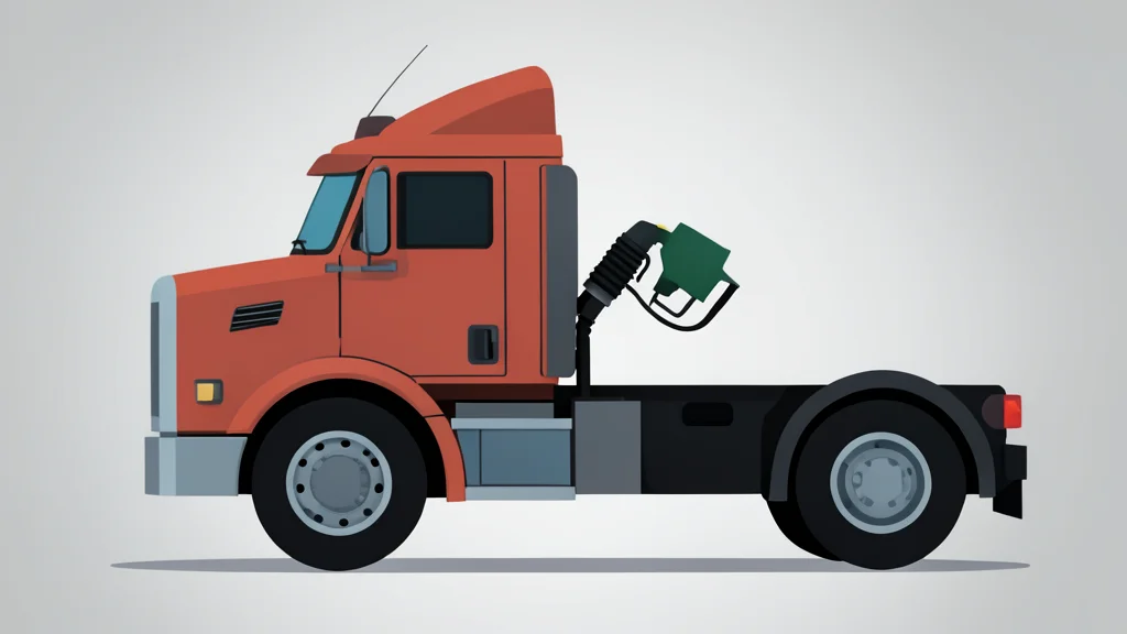 A large semi-truck fuel nozzle inserted into the tank of a heavy-duty truck