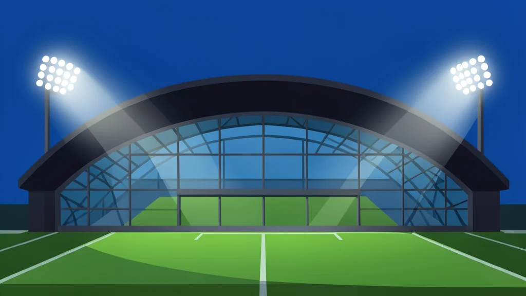 A modern football stadium exterior at night with bright floodlights illuminating the field