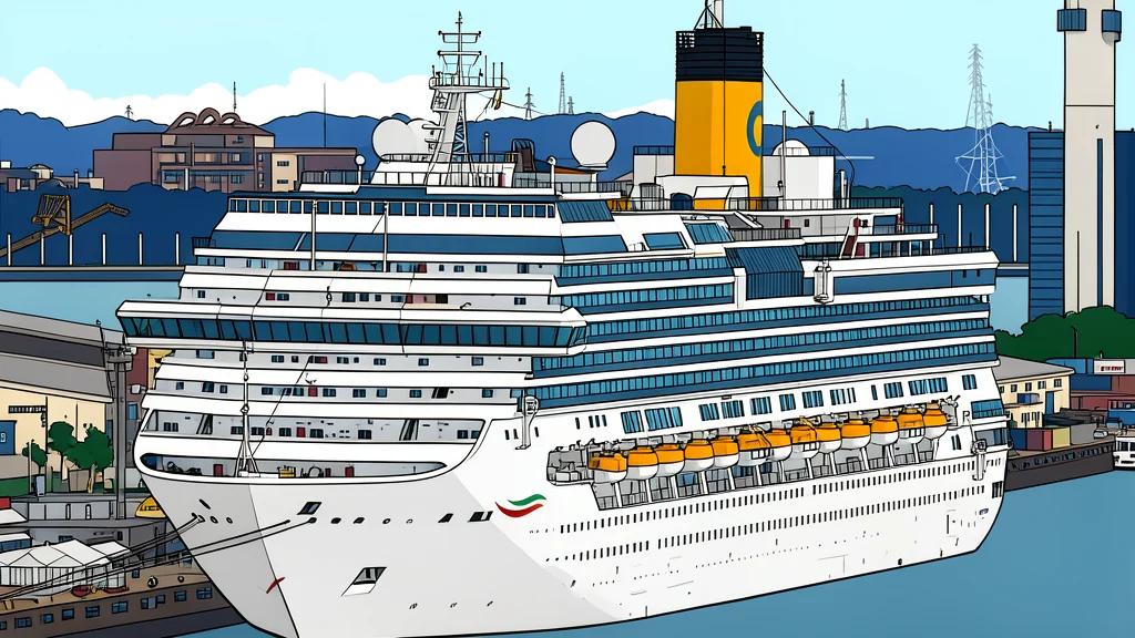 A large white cruise ship docked at a harbor pier next to a modern sports arena