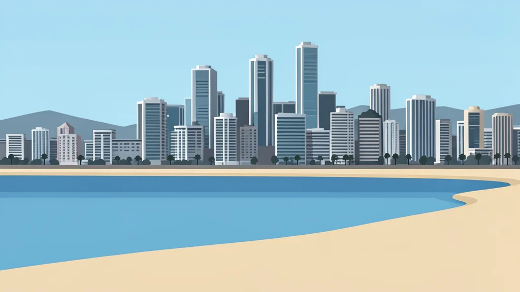 A coastal Mediterranean shoreline with a view of a dense urban skyline in the distance
