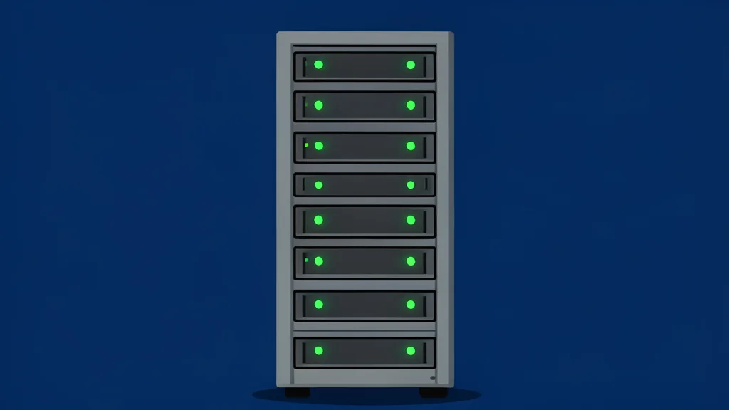 A tall server rack with glowing green indicator lights against a dark background.