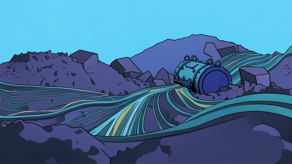 A dark, deep-sea landscape featuring a thick, coiled cable resting on the sandy ocean floor, illuminated by a faint, artificial blue light.