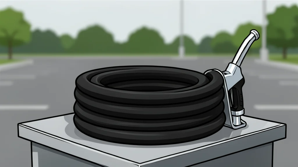 A modern fuel pump nozzle resting on a concrete surface next to a blurred view of a highway