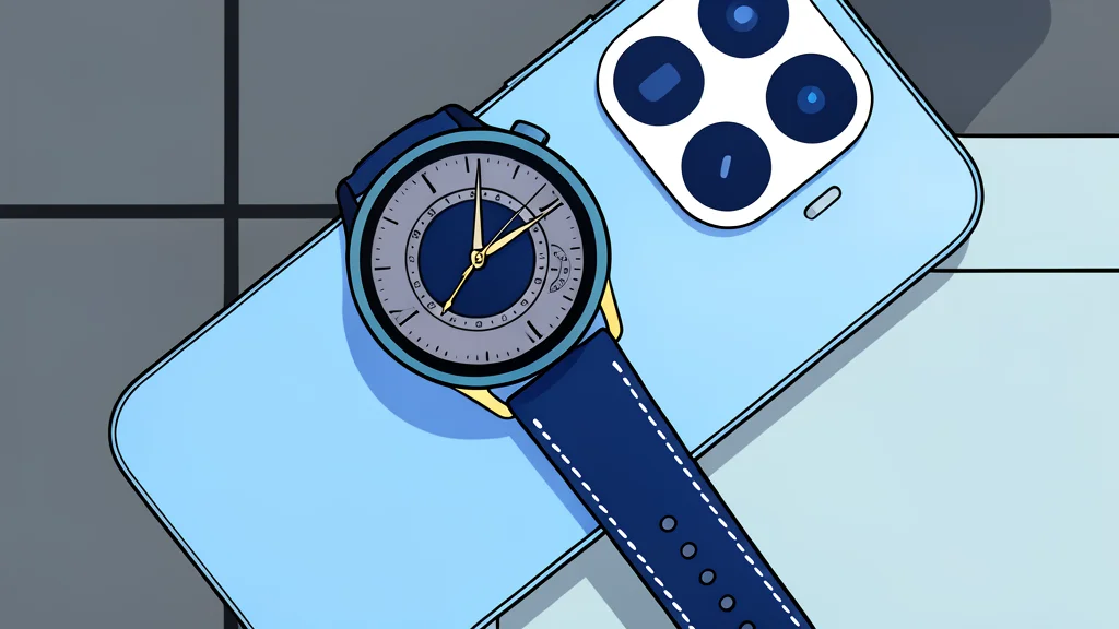 A round stainless steel smartwatch with a rotating crown and a bright display face, resting on a wooden surface next to a pair of running shoes.