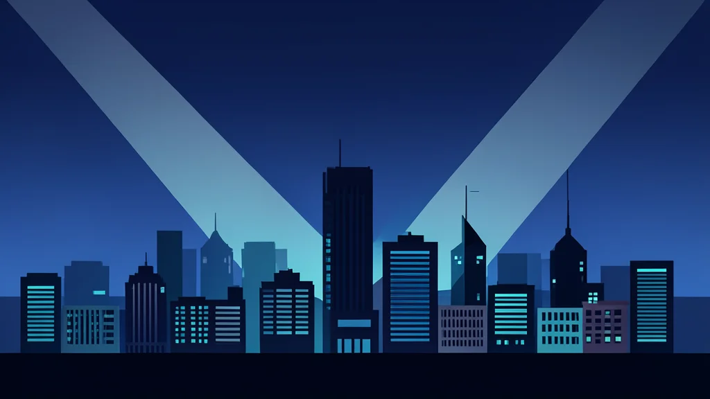 A modern city skyline at night with searchlights sweeping across the sky
